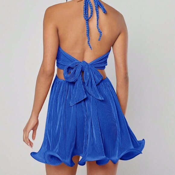 Blue Sexy Women's Plisse Cut Out Tie Backless Dress - Picture 2 of 8
